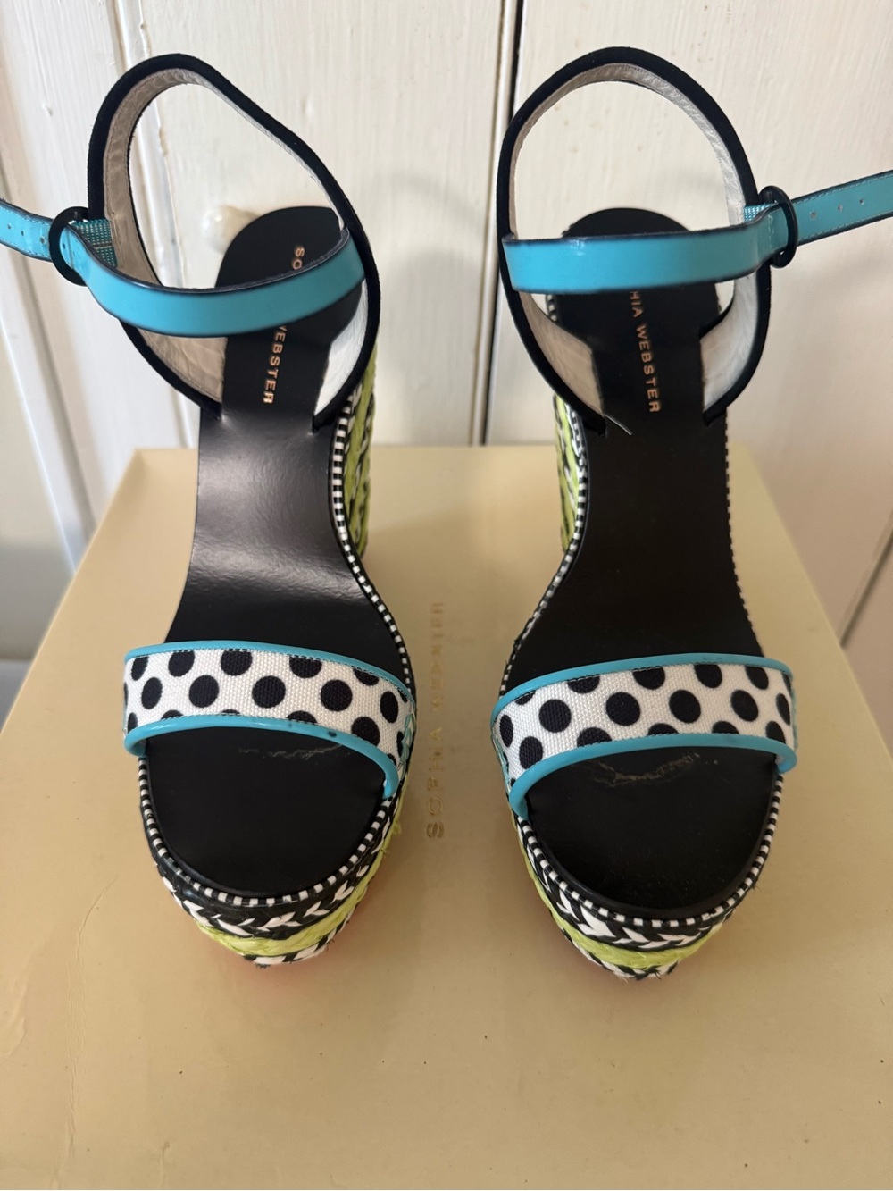 Sophia Webster Black, White & Turquoise Polka Dot Platform Wedges